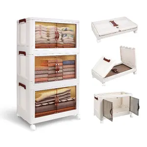 3 Tier Storage Bins with Lids, 34QT Stackable Storage Bins with Wheels, Collapsible Closet Organizers and Storage, Folding Plastic Storage Bins with Doors for Living-room, Office, Dorm