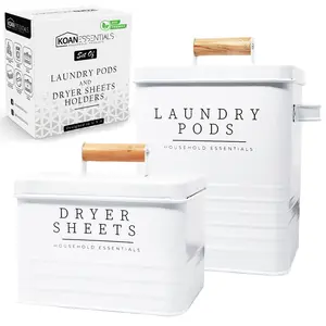 KOANEssentials Modern Farmhouse Metal Laundry Pods Container with Dryer Sheet Holder. Holds over 200 Laundry Pods and 300 Dryer Sheets. Organiser Set