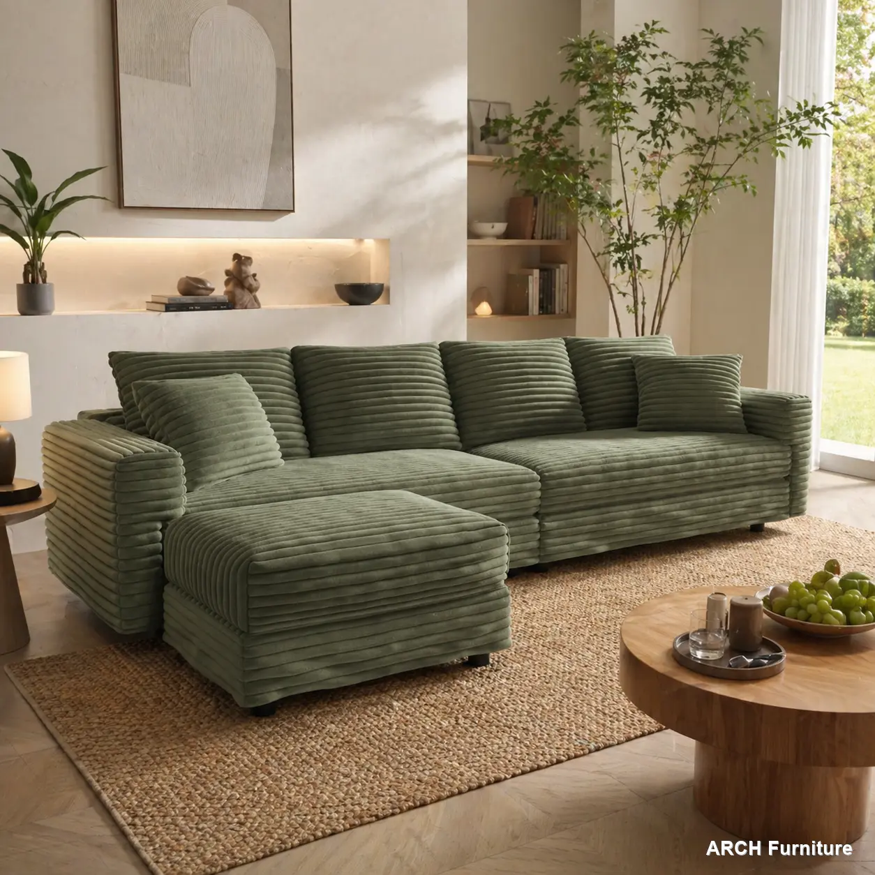 Green Plush Corduroy 4-Seat Modern Sleeper Sofa - Deep-Seat Convertible Sectional with Soft Pillows, Movable Ottoman Lounge Chair, Indoor Living Room Upholstered Couch (W1885S00276)