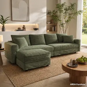 Green Plush Corduroy 4-Seat Modern Sleeper Sofa - Deep-Seat Convertible Sectional with Soft Pillows, Movable Ottoman Lounge Chair, Indoor Living Room Upholstered Couch (W1885S00276)