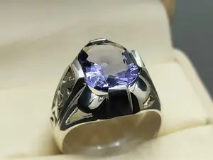 Oval Cut 10 Carat Deep Purple Lab Amethyst Sterling Silver 925 Handmade Mens Lattice Ring