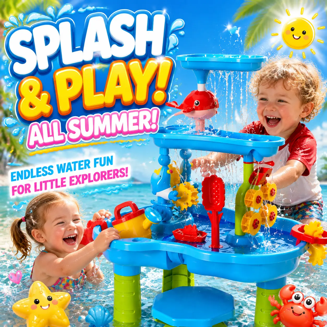 4-in-1 Sand and Water Table, Outdoor Kids Stuff, Kids Outdoor Play Beach Toy Set, Ideal for Toddler Holiday Birthday Gifts Water Activity Tables Summer Gift Toys for Outside