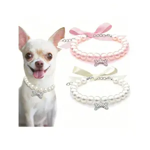 Pearl Necklace With Rhinestone Bone Decor For Dogs & Cats, Fashionable Cat Wedding Collar Jewelry Suitable For Girls, Cats, Small Dogs