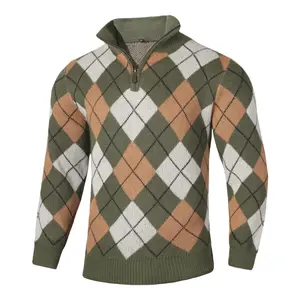 Zaitun Men's Argyle Pattern Quarter-Zip Sweater Polo Zip Up Pullover Cable Knit Turtleneck Tops Long Sleeve Casual Friday Springtok Knitwear Fashion Menswear