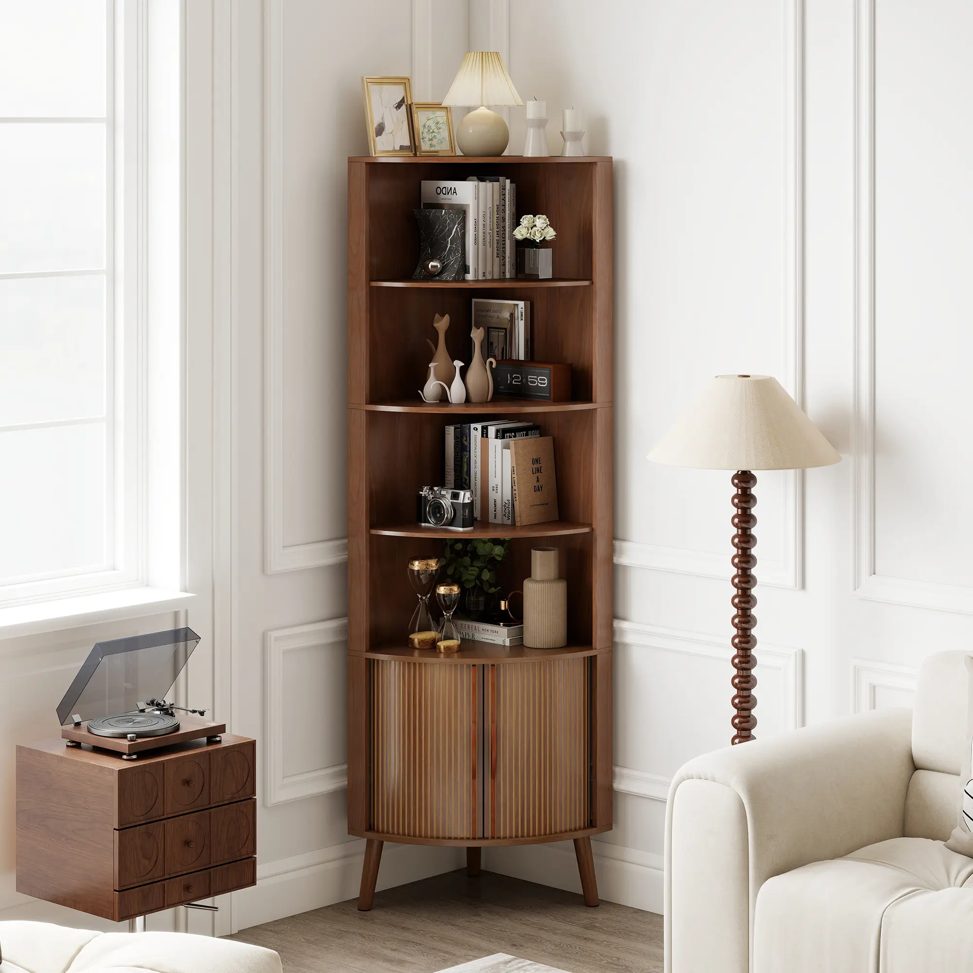 5 Tier Corner Cabinet, Modern Fluted Corner Storage Cabinet with 2 Fluted Doors and Shelves, Tall Space-Saving Corner Bookshelf Organizer for Living Room, Bathroom, Bedroom & Office summerwins