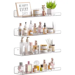 2026 NEW Simplicity Acrylic Shelves for Bathroom Storage, 15" Floating Shelves Wall Organizer for Perfume, Make up, Skincare, Kids Bookshelf for Bedroom, Nursery, Living Room Decor, Clear, 4 Pack