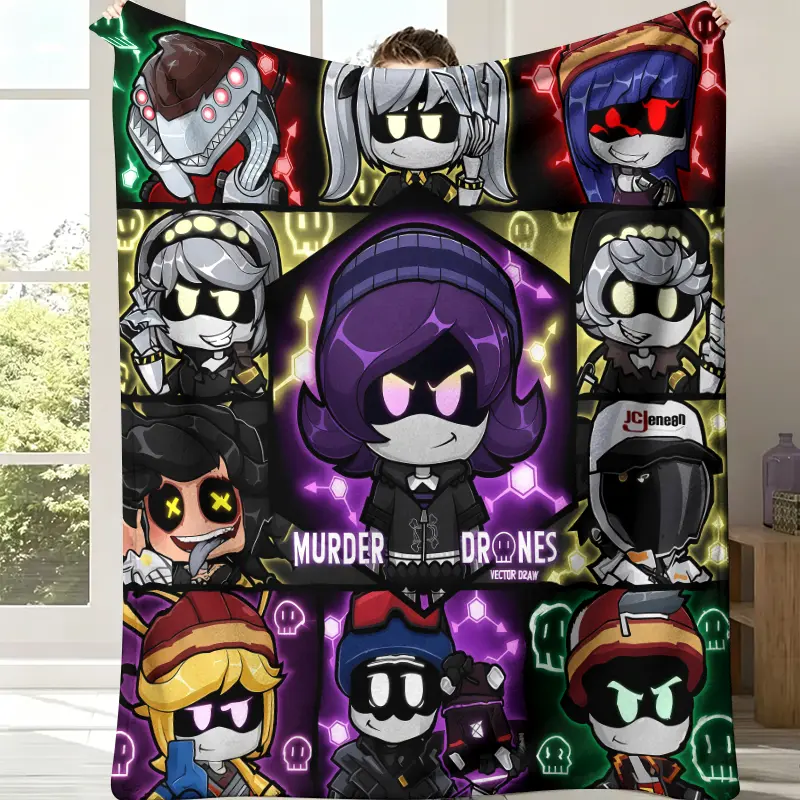 Murder Drones Fan Fleece Blanket - Stylized Grid Panel Layout, Central Purple Hexagon Uzi Portrait, Surrounding Main Chibi Drone Characters, Neon Glow Circuit & Skull Print, Lightweight, Ideal for Dark Moody Decor Sci-Fi Animation Holiday Gifts
