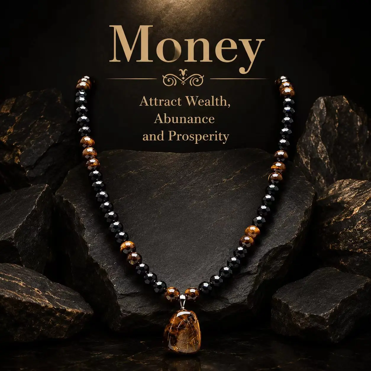 Unisex Tiger Eye Obsidian Beaded Necklace, Handmade Crystal Pendant, Wealth Attraction Spiritual Jewelry for Men Women