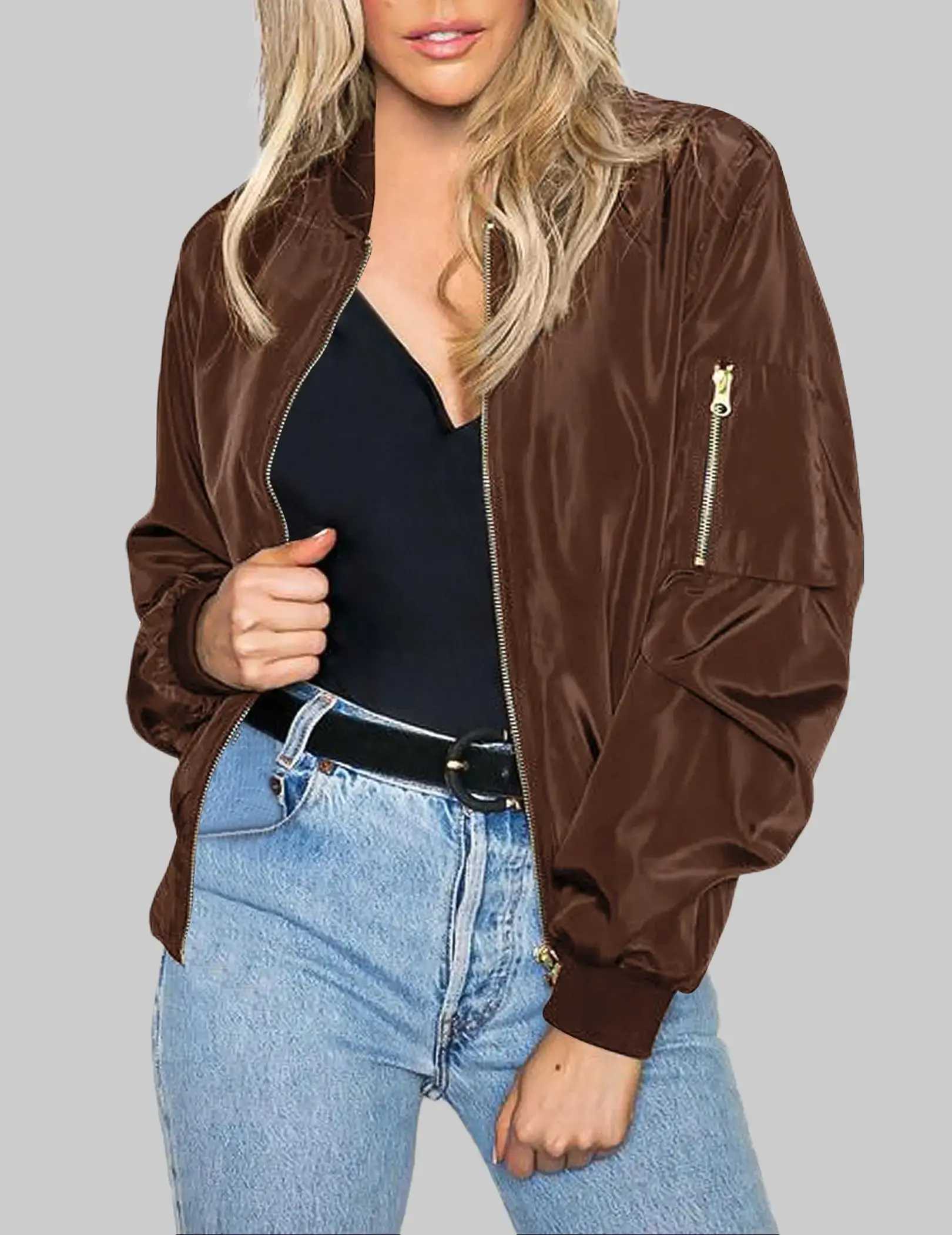 ZEAGOO Women's Longsleeves Casual Bomber Jacket Lightweight Zip-Up Windbreaker with Pockets for Work Parties Fashion Coat Plain Watch Party