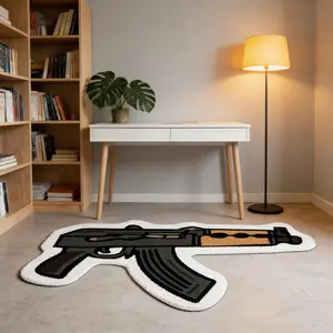 firearm shaped irregular carpet, Home Decor Rug, Decorative Rug, black brown contrasting velvet floor mat, e-sports room, Study area anti slip and wear-resistant foot mat, suitable for Instagram style/boys' trendy play home decoration