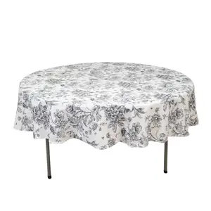 Polyester 90" Round Tablecloth White - Black French Toile Pattern for Chic Weddings