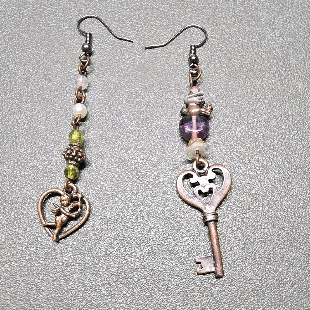 Vintage Beaded Mixmatch Earrings with Heart Charms and Key Design - Unique Bead Patterns Included