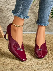 Women's Fashionable Stylish Leather Crocodile Embossed High Heel Shoes, Elegant Classy Square Toe Slip on Heels for Party, Daily Clothing Decor for Women & Girls