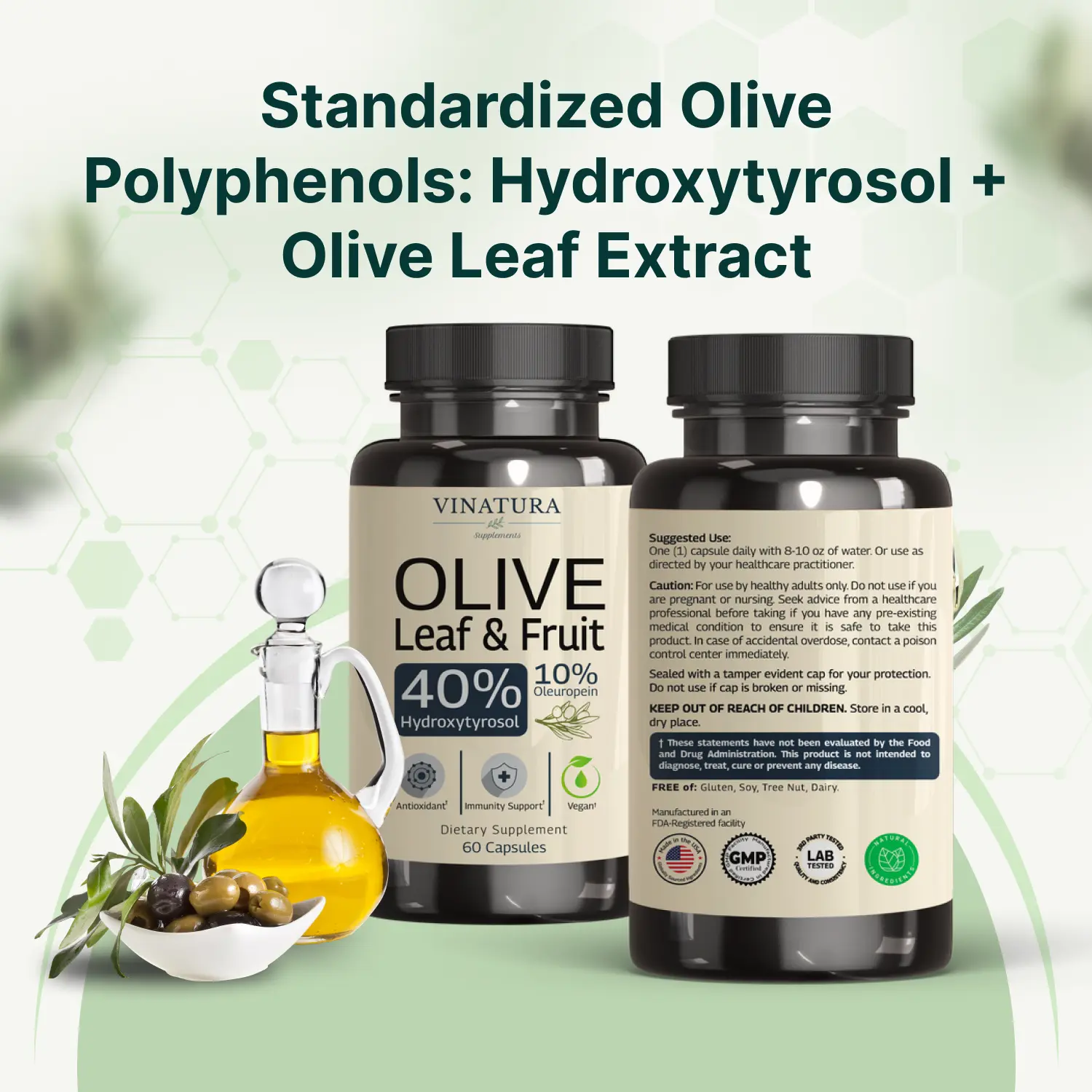 Olive Leaf Extract Hydroxytyrosol Supplement - 40% Hydroxytyrosol Olive Fruit Extract, 10% Oleuropein Olive Leaf Extract Capsules - 60 Capsules Edible Healthcare