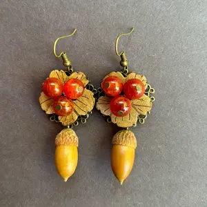 Exquisite Handcrafted Natural Acorn Agate Wooden Hook Earrings, Vintage Design