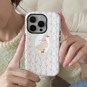This durable, shock-absorbing, glossy 2-in-1 phone case features a pink bow and lace duck design. It's compatible with iPhone 17, 16, 15, 14, 13, 12, 11, X, and Samsung models. A perfect gift for friends or family.