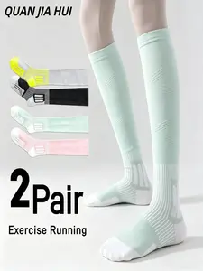 2 Pairs Women's Compression Socks, High-Quality Thickened Colorblock Sport Ankle Socks, Running Cycling Yoga Long Calf Socks