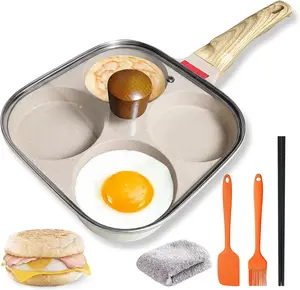 4‑Cup Nonstick Egg Pan Set with Lid – Aluminum Omelette Skillet for Breakfast, Includes Silicone Scraper, Oil Brush, Chopsticks & Cleaning Cloth – Compatible with Gas & Induction Cooktops (White)