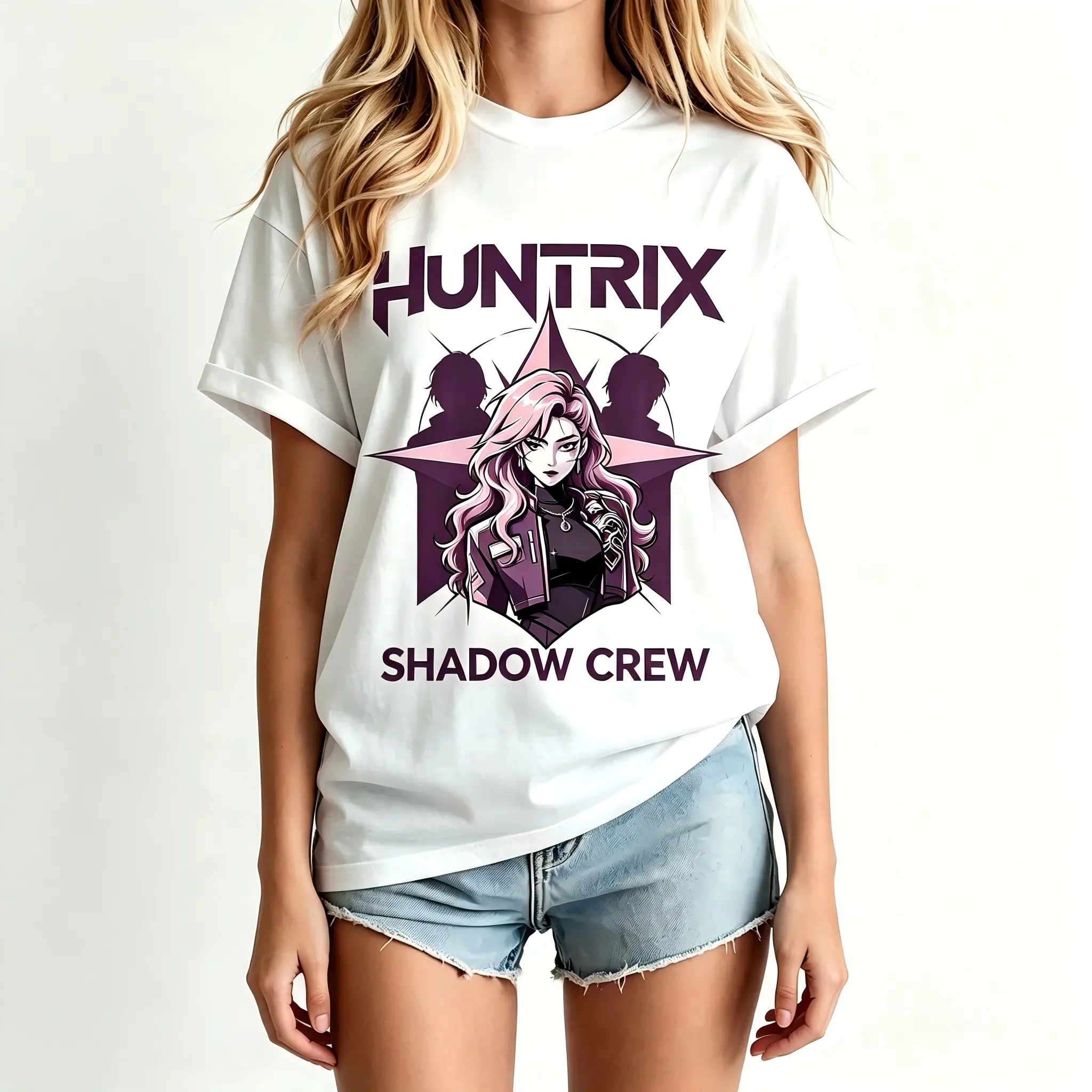 Unisex Oversized Huntrix Shadow Round Neck Cotton Printed T-Shirt - Y2000 Cyber Aesthetic Anime Manga Girl Graphic, Casual Relaxed Menswear/Womenswear Streetwear Top for Anime Lovers' Daily Wear Gift