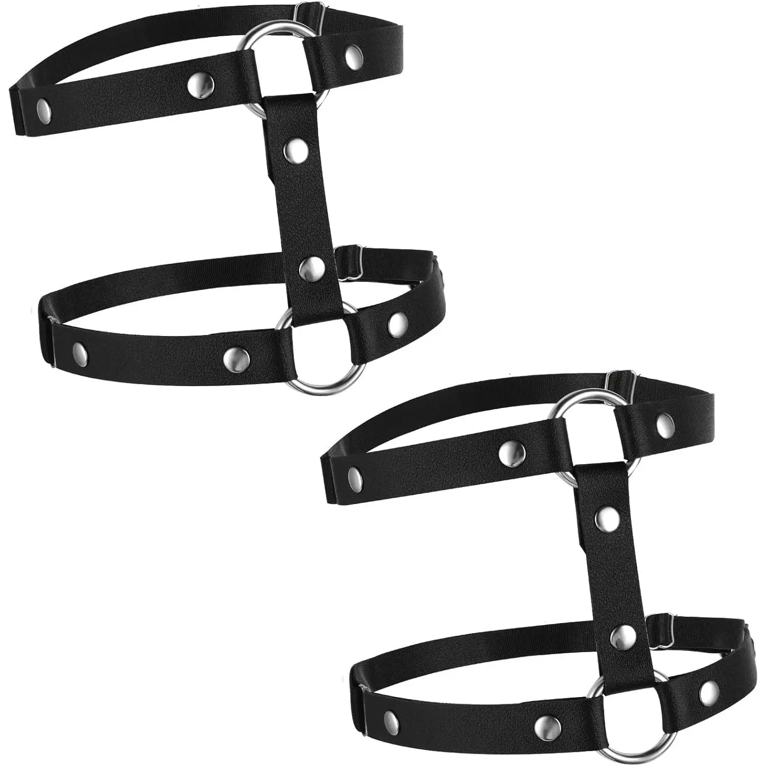 Leather Leg Harness, Adjustable Elastic 2 Rows Leather Leg Belt Ring Body Harness, Black Punk Garters Belts Thigh Holster Strap Club Halloween Body Chain Accessories Jewelry for Women