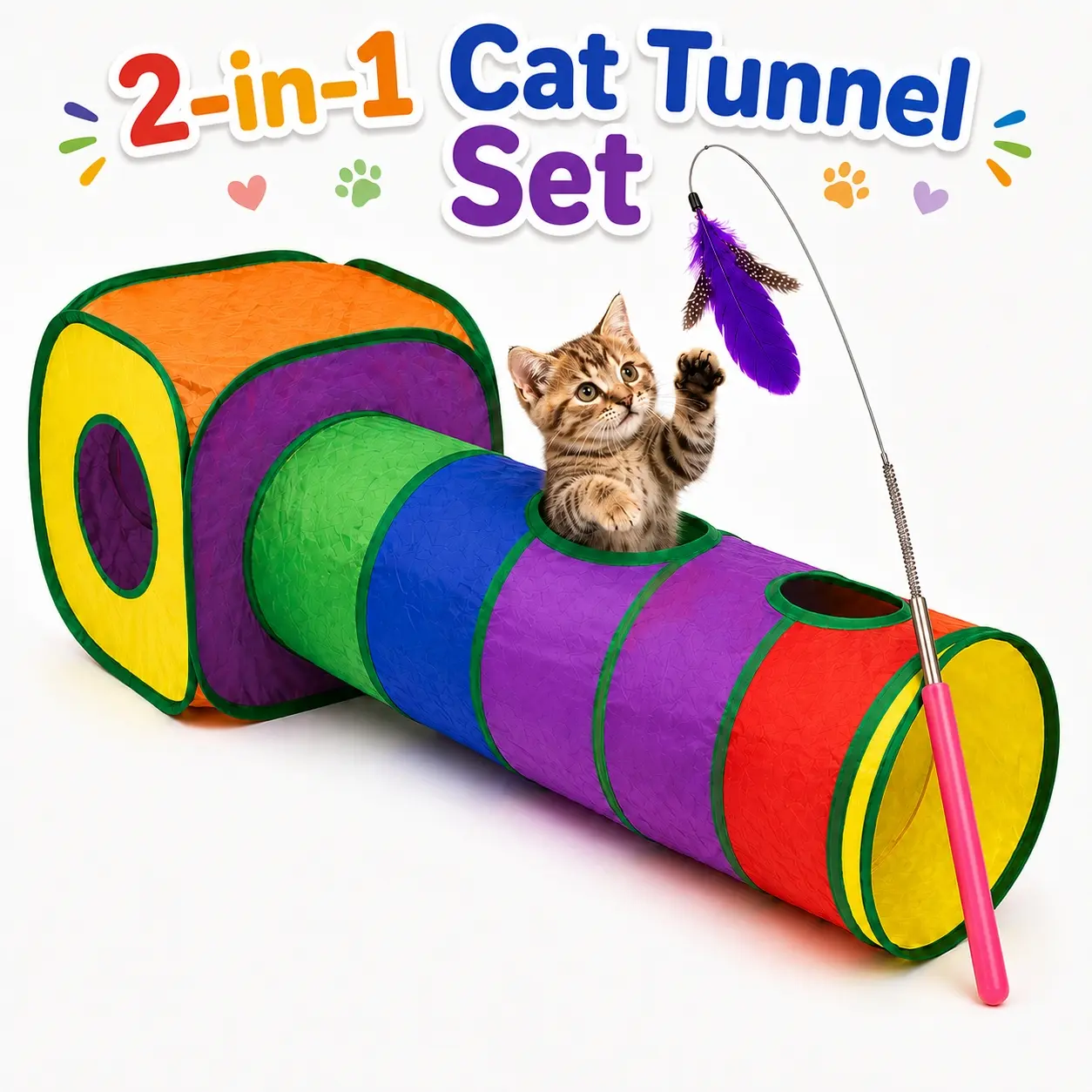 Foldable Rainbow Cat Tunnel & Cube Tent Set with Feather Teaser Wand - Interactive Pet Toy Playpen & Collapsible Tube Tunnels with Peek Hole, Crinkle Hide-and-Seek Kitty Toy for Kittens, Adult Cats & Multi-Cat Homes, Easy to Store & Portable