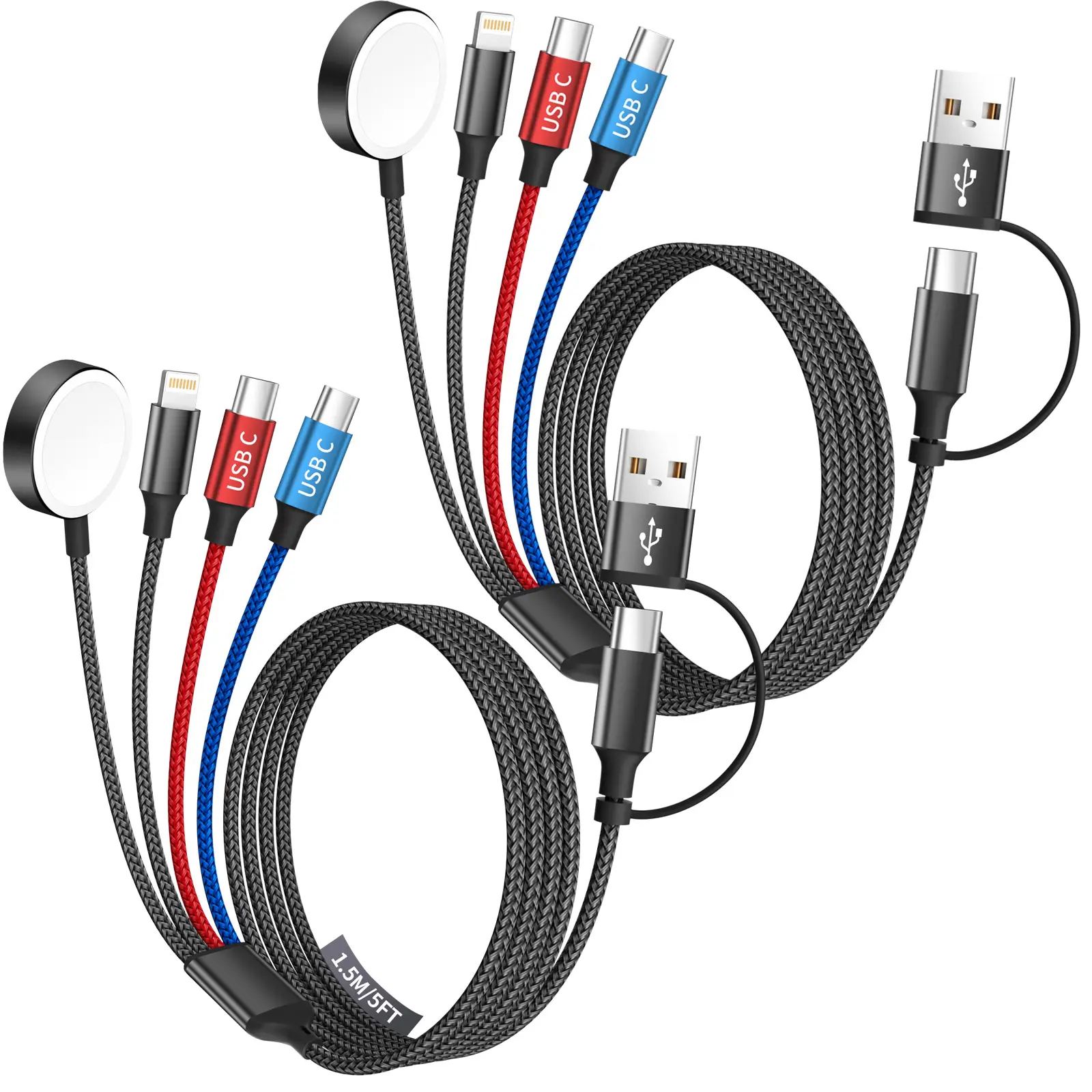 4-in-2 Magnetic Fast Charging Cable 2Pack | Dual USB A/C Port for Apple Watch iPhone 17 16 15 Android | 5FT Nylon Braided Multi Device Charger Cord