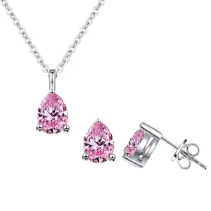 1 Set Super Shiny Pear Cut Pink Cubic Zirconia 925 Sterling Silver Water Drop Pendant Necklace And Earrings, Daily Party Fine Jewelry Sets For Women Elegant Teardrop Design Hypoallergenic