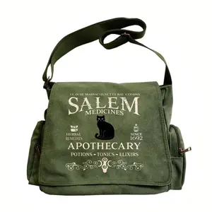 Women's Large-Capacity Flap Shoulder Bag, Retro Salem Apothecary Logo Print Tote Crossbody Messenger Bag - Black Cat & Herbal Formulas Design,  for Daily Outings, Travel