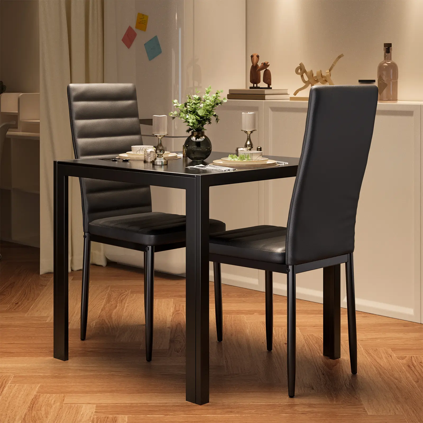 GIZOON 3-Piece Durable FRP Glass Dining Table Set with 2 Modern PU Leather Dining Chairs, Indoor Furniture for Living Room, Apartment Home Use, Modern Dining Chairs, Durable Dining Tables
