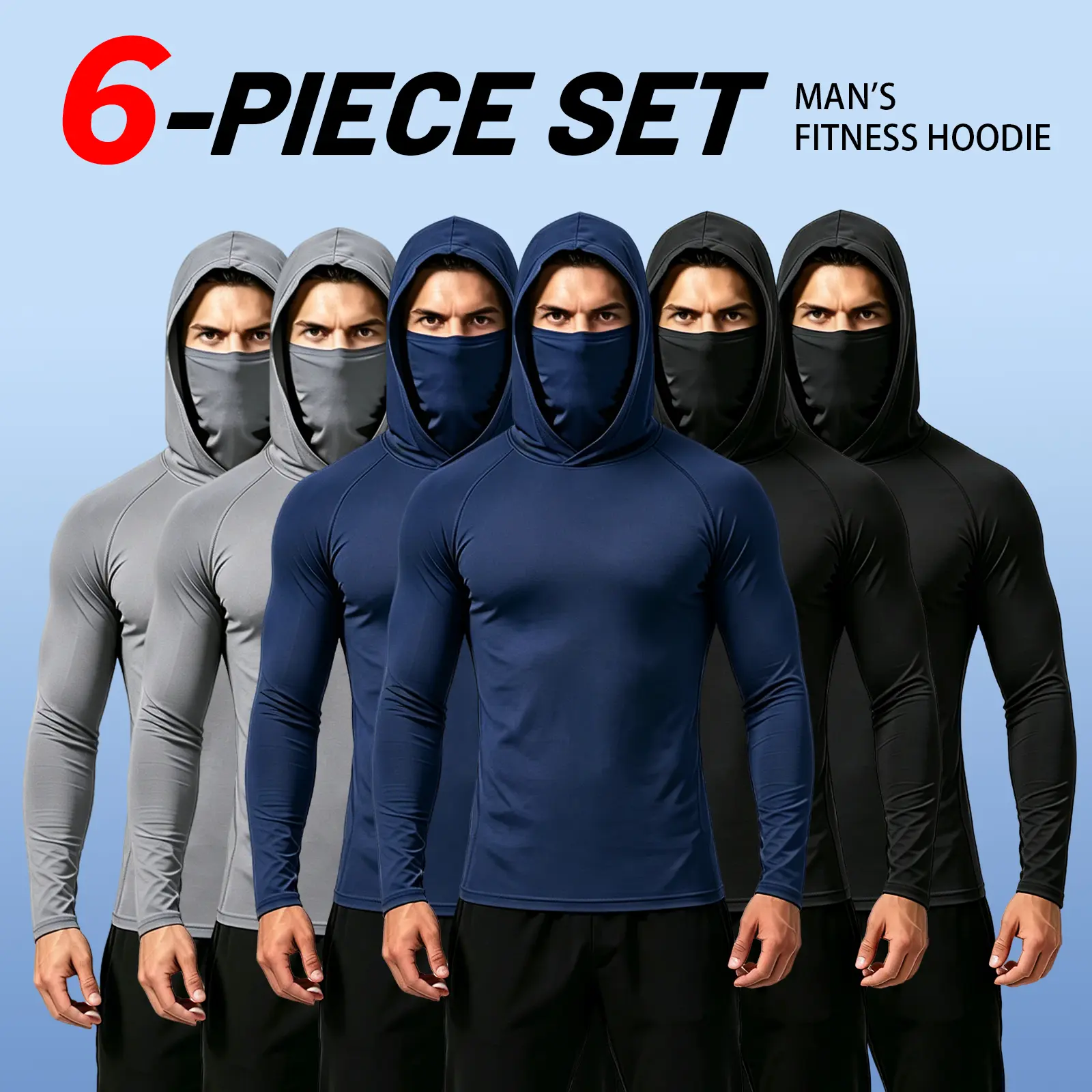 6/3-Piece Men's Casual Hoodie Pullovers with Built-in Face Mask for Fishing Cycling Gym Workout, Blue Black Gray Slim Fit Long Sleeve, Lightweight UPF Sun Protection, Soft Breathable, Versatile Machine Washable Multi-Occasion Stylish Menswear Tops Set