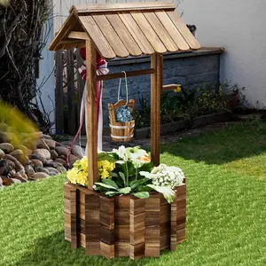 Aoxun Wooden Wishing Well Planter with Hanging Bucket - Rustic Decorative Flower Pot for Indoor Outdoor Patio Garden, Brown