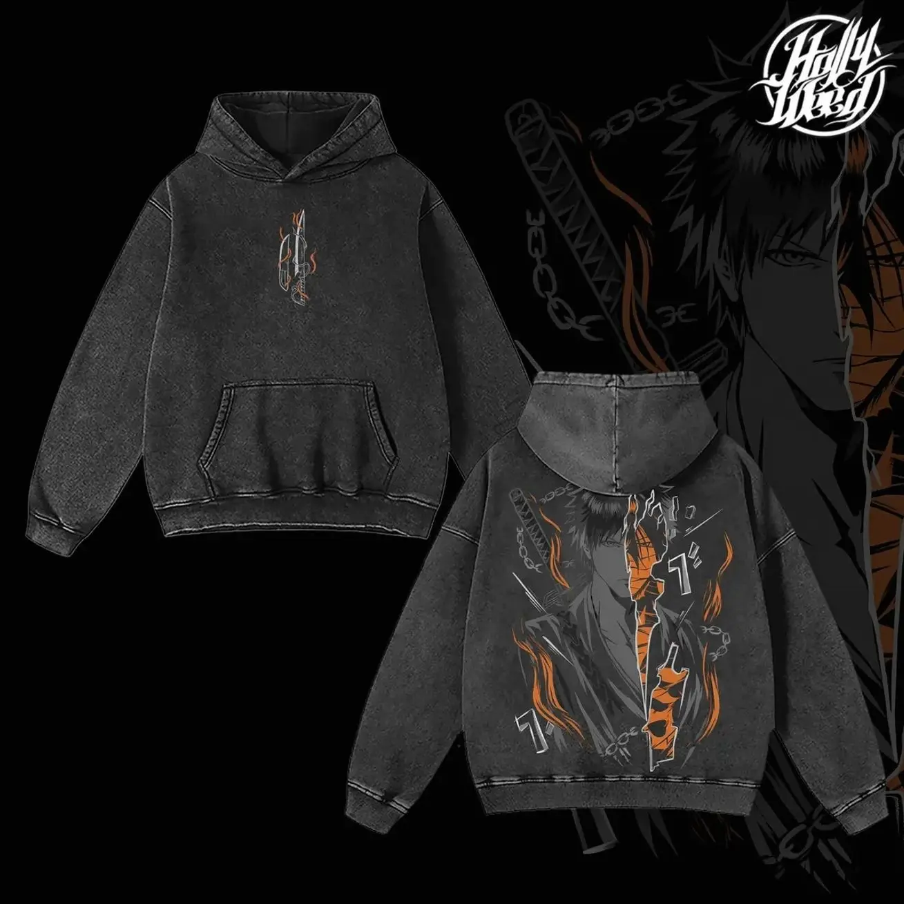 Ichigo Kurosaki Oversized Vintage Washed Hoodie – Bleach Anime Graphic, Hollow Form Sweatshirt, Soft Cotton Casual Unisex Top, Retro Manga Apparel, Gift for Bleach Fans 98B