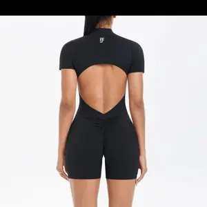 Comfortable Black One-Piece with Built-in Bra Open-Back Detail for Gym or Street Style Women's Fashion