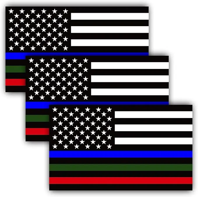 5 X 3 inch Thin Line US Flag Decal - Blue Green and Red Reflective Stripe American Flag Car Stickers - Support Police Military and Fire Officers (3 Pack)
