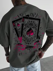 Unisex Diamond a Poker Print Short Sleeve T-Shirt, Vintage Street Style Streetwear Loose Fit Round Neck Top, Casual Graffiti Pattern Tee