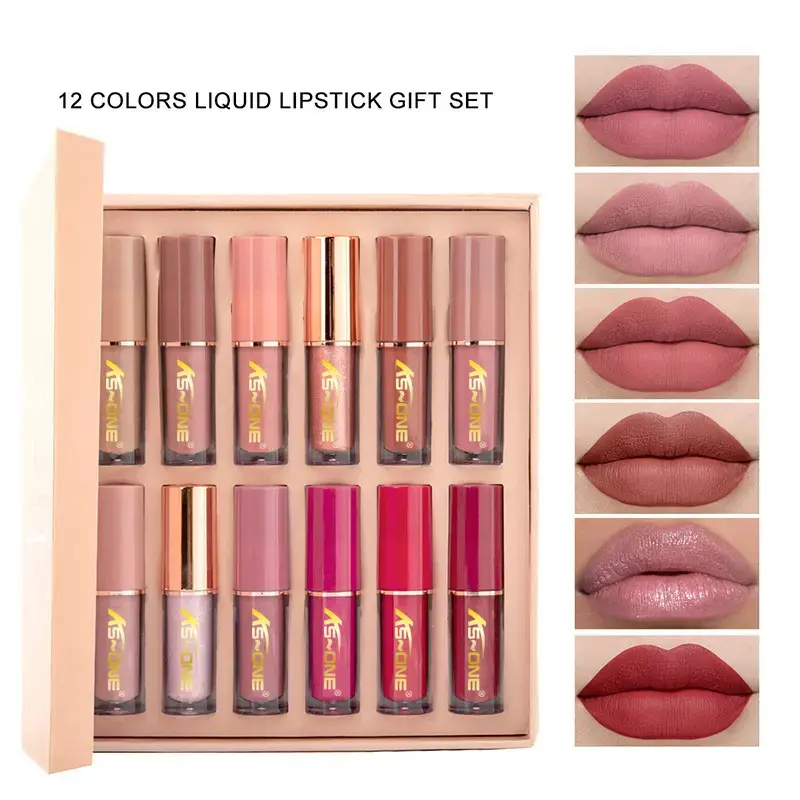 12-Piece Liquid Lipstick Gift Set, Long-Lasting & Moisturizing Lip Color with Matte Pearlescent Finish, 2.5ml, for All Skin Types, Moisturizes, Daily, 12-Color/Set, Alcohol-Free