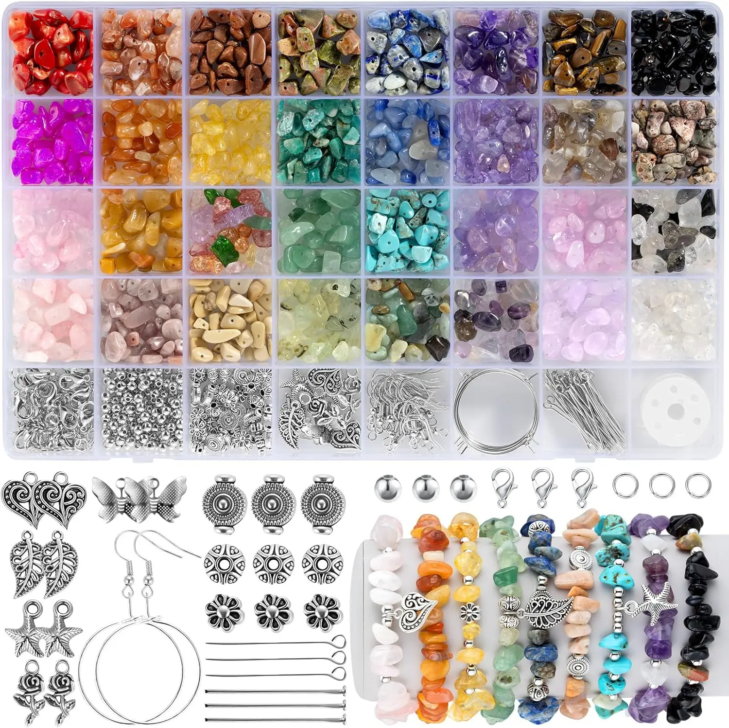 Funtopia 32 Colors Crystal Beads for Jewelry Making 1200 Counts Natural Stone Beads Bracelet Making Kit Adults 5-8mm Irregular Crystals Gemstones Chips DIY Craft Accessories