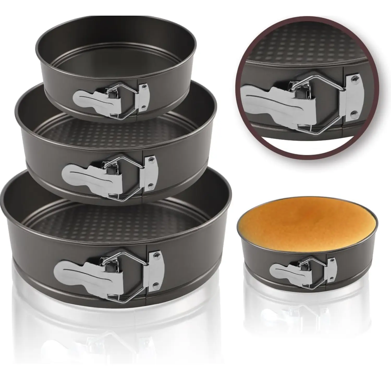 Essential Bakeware 3-Piece Nonstick Springform Cake Mold Set - Heavy-Duty Steel, Removable Bottom, 4/7/9-in Round Pans, Oven-Safe for Cheesecake, Molds for Baking, Nonstick Baking Mold