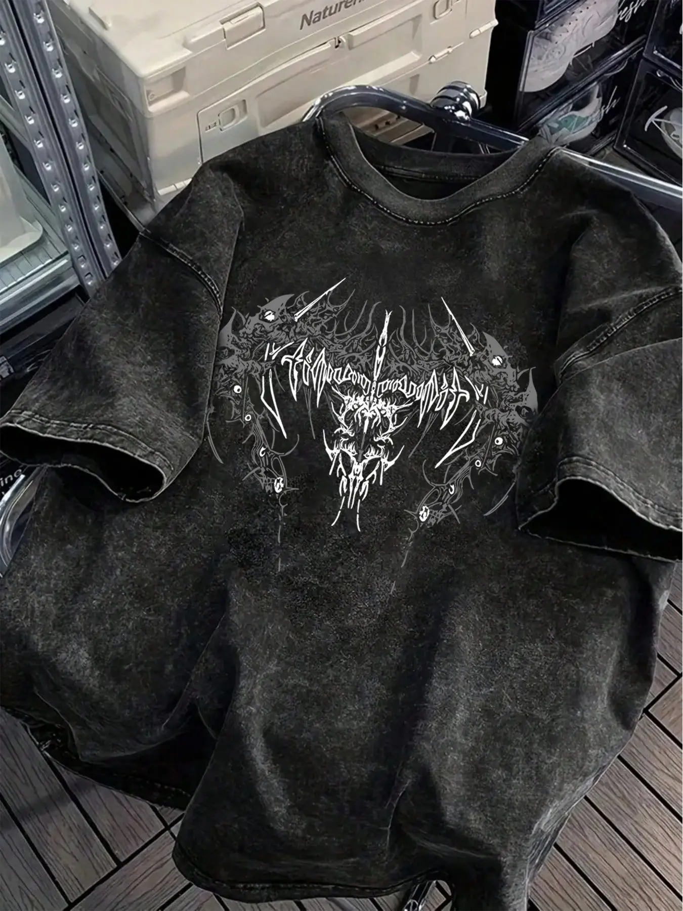 Heavyweight Oversized Acid Wash Graphic Tee, Casual Top - Grunge Streetwear Y2K Cyber-Tribal Metal Print T-Shirt, Premium Mineral W, Aesthetics, Metallic, Artwork Tee, Menswear