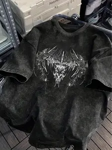 Heavyweight Oversized Acid Wash Graphic Tee, Casual Top - Grunge Streetwear Y2K Cyber-Tribal Metal Print T-Shirt, Premium Mineral W, Aesthetics, Metallic, Menswear