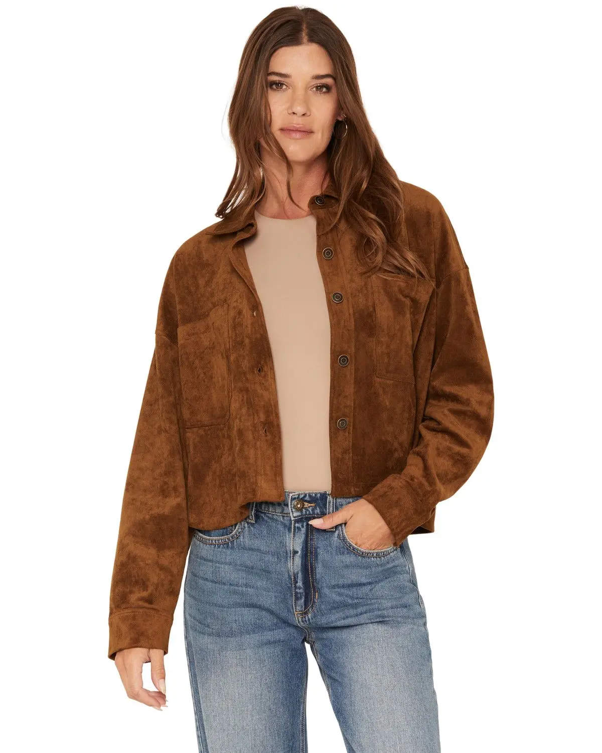 Z Supply Women's Women'S Faux Suede Button-Down Cropped Shacket - Pj253735bb-Tan