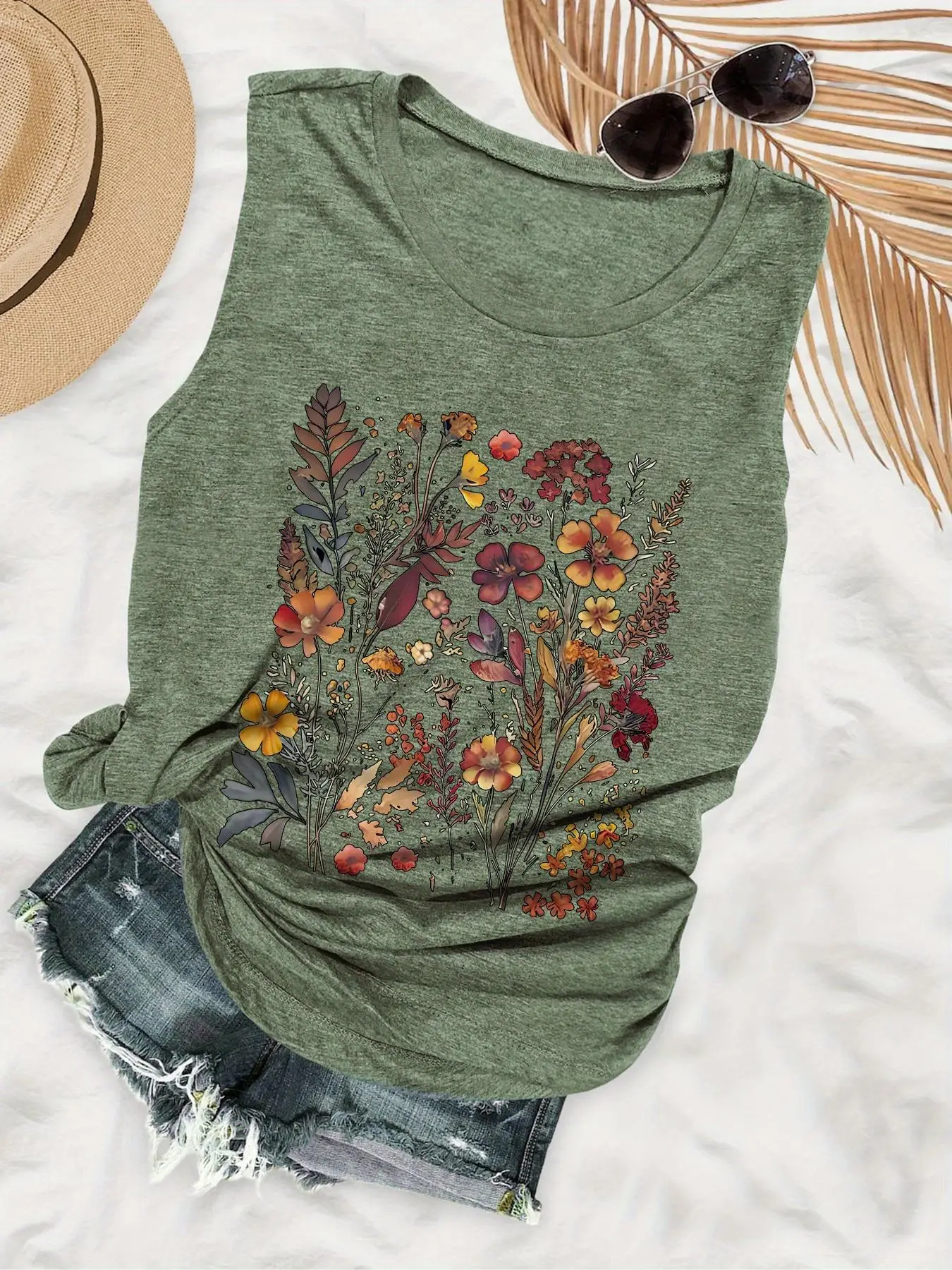 Women's Floral Print Round Neck Tank Top, Vintage Trendy Casual Boho Bohemian Elegant Chic Sleeveless Top for Daily Wear, Vest Top, Ladies Tops for Su