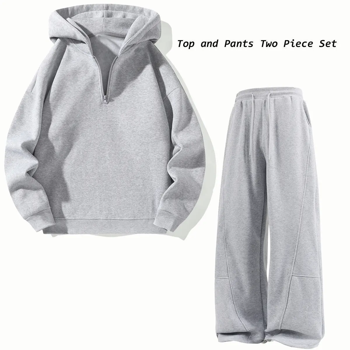 Unisex two-piece set: half-zip hooded sweatshirt + wide-leg athletic pants; casual sportswear, everyday casual wear, streetwear outfit. Gray Hoodie Set