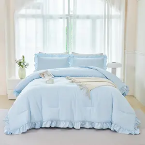Light Blue Ruffle Girls Comforter Set Twin Size 5 Pieces Ruffled Farmhouse Bed in A Bag Solid Boho Bedding Comforter Sets Soft Fluffy Bed Sets for Kids Girl (Light Blue Twin)