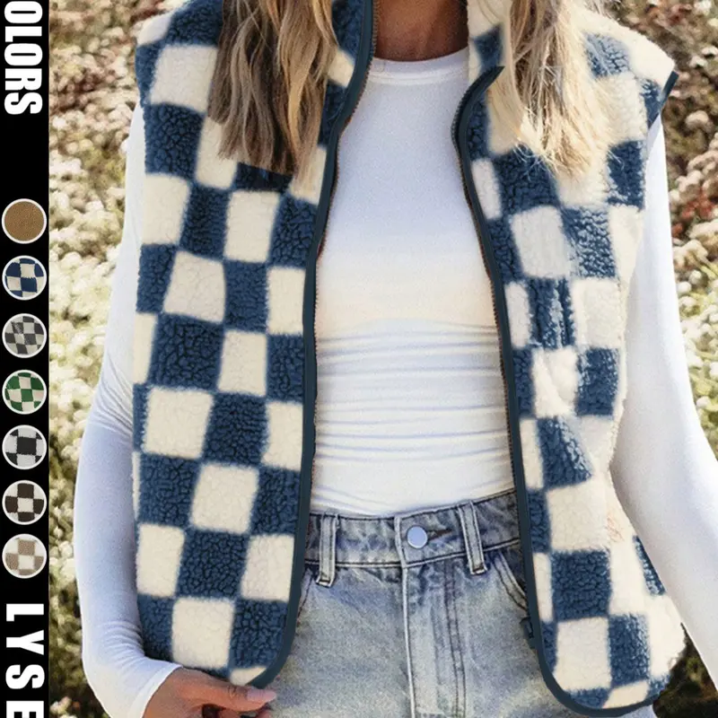 Ins style Aesthetic checkerboard Plaid plush vest Fashion Vest Sleeveless women's autumn and winter outerwear short style Casual shoulder retro square grid loose vest jacket top Womenswear