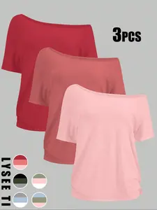 Women's Plus Size Fashionable Asymmetrical Shoulder Short Sleeve Top, Womenswear, Fit, Perfect for Everyday Wear, Sexy Design, Style, Pack of Three