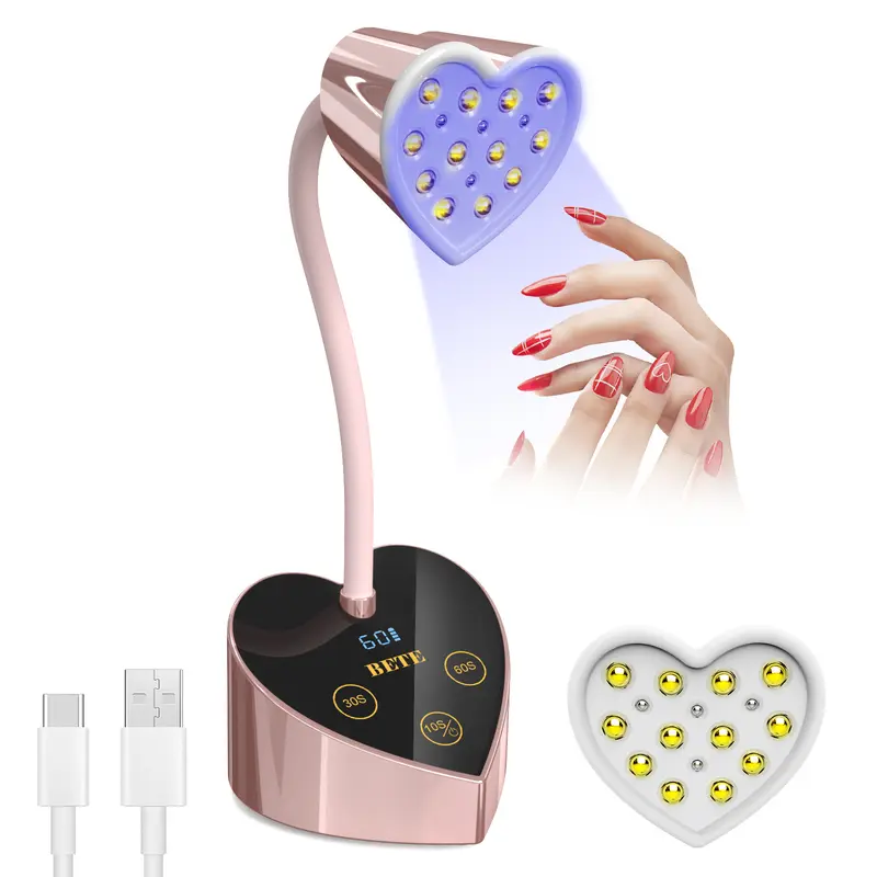 30W Mini Heart-Shaped UV LED Nail Lamp, Rechargeable Cordless Gooseneck Nail Dryer for Gel Polish, 3 Timer Settings & Auto Sensor, Portable Curing Lamp for Home Manicure