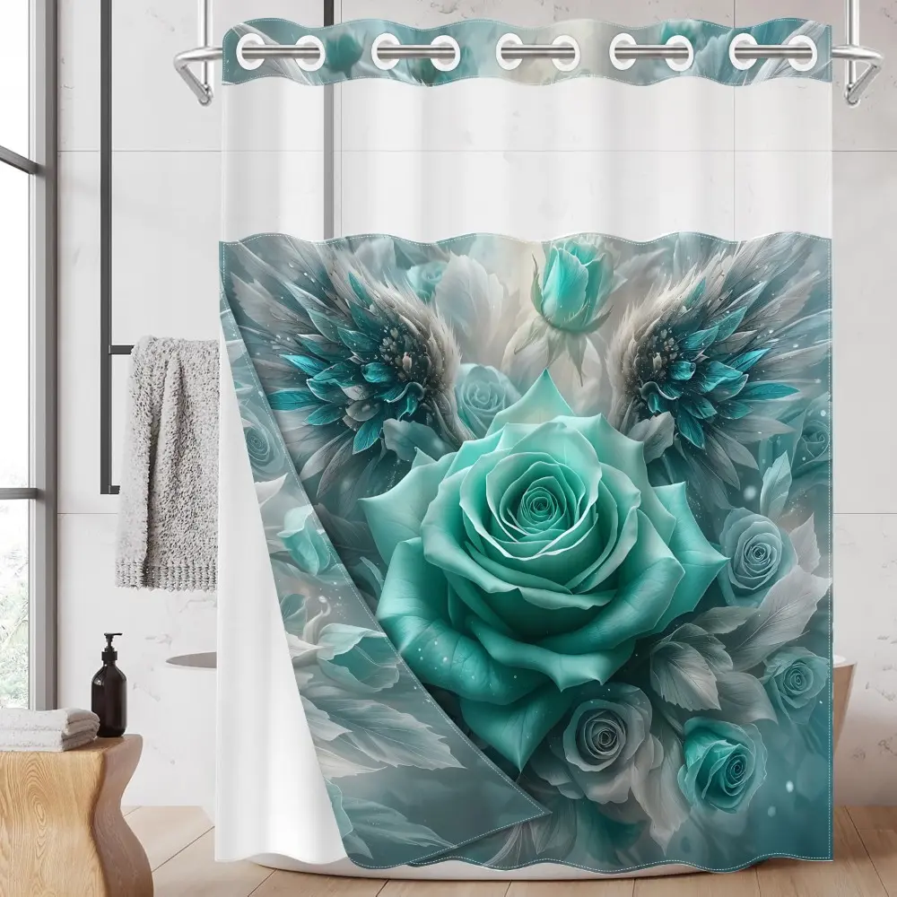 1PC/4PCS 2D Flat Printing Turquoise Roses with Feather Decorations Patterned shower curtain, home bathroom decor, shower curtain set with 12 hooks, non-slip bathroom rug, U-shaped toilet seat cover, toilet seat mat, Printed Shower Curtain