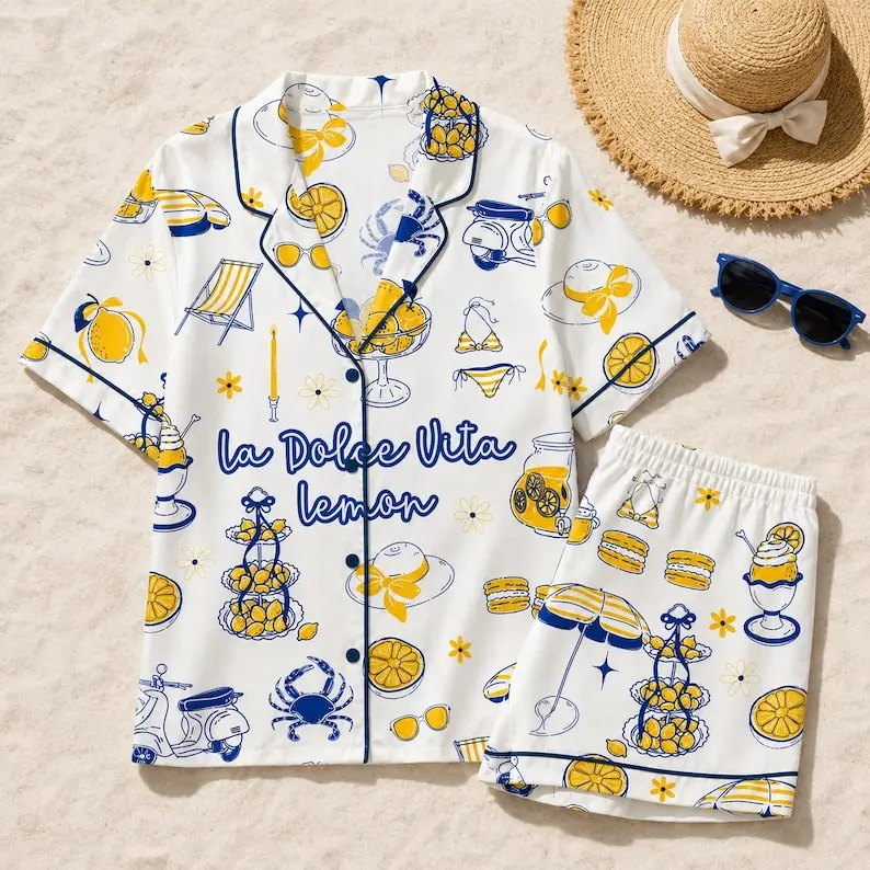 La Dolce Vita Lemon Pajama Set for Women – Italian Summer Lounge Set, Cute Lemon Print Button-Up Short Sleeve Pajamas, Vacation Sleepwear