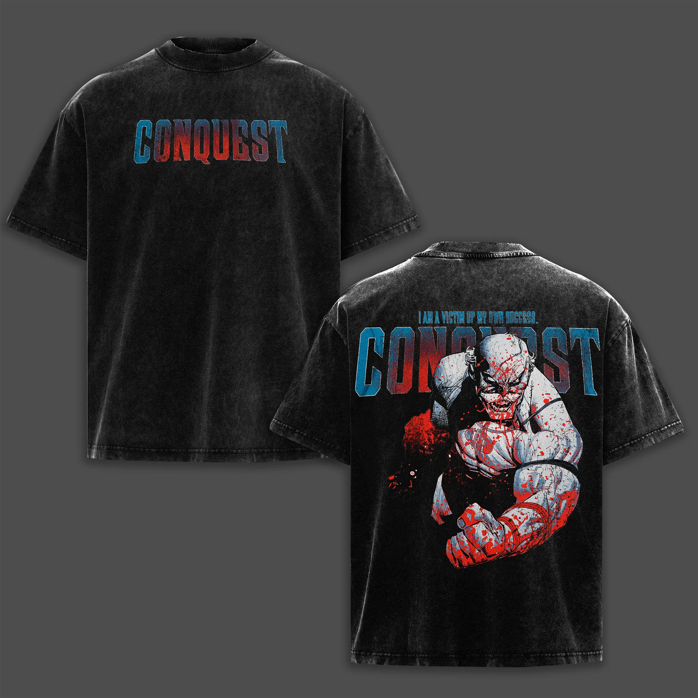 Men's Invincible Conquest T-Shirt, Double-Sided Graphic Tee in Oversized Heavyweight Cotton, Retro Acid Washed Seamless Top Clothes Menswear